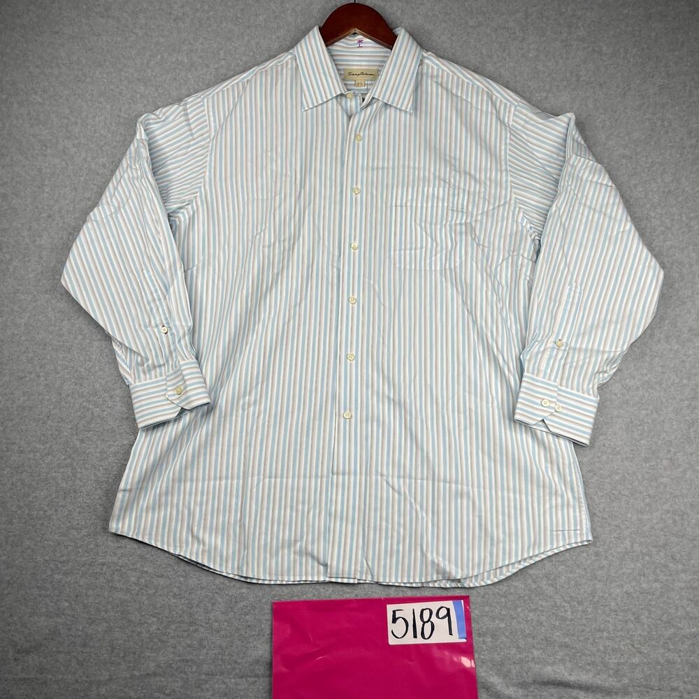 Tommy Bahama Shirt 16.5 Gray White Blue Striped Button Up Long Sleeve Casual Men